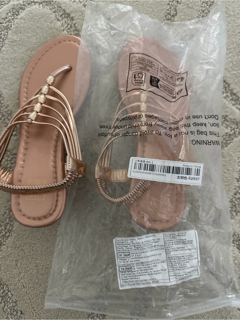 SHEIN Rose Gold Strappy Beaded Flat Sandals